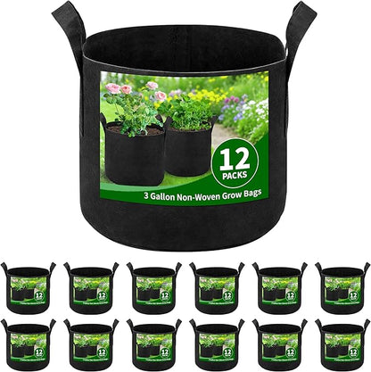 12 Pack 3 Gallon Grow Bags, Heavy Duty 300g Nonwoven Fabric Plant Pots with Reinforced Handles, Breathable Potato & Tomato Grow Bags for Vegetables, Peppers, Herbs - Black