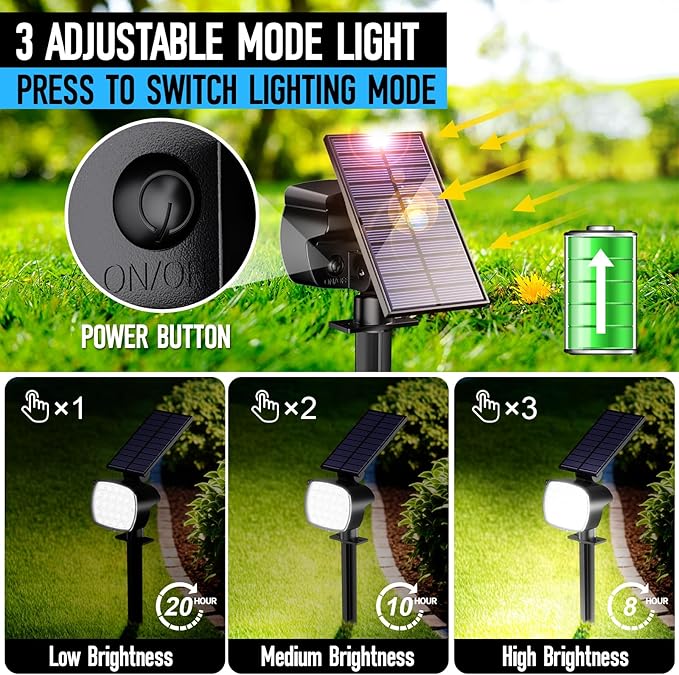 hyrion Solar Spotlight Outdoor Waterproof Ip65 23 LED 3 Lighting Mode 2-in-1 Solar Powred Yard Spot Lights for Garden Tree Law Pathway 6 Pack Cool White