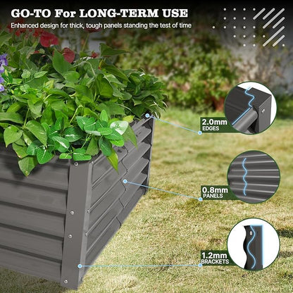 A ANLEOLIFE 6-Piece 18 Inch Tall Quartz Grey Raised Garden Beds Kit, Rectangular & Square Metal Planters for Structured Garden Layouts