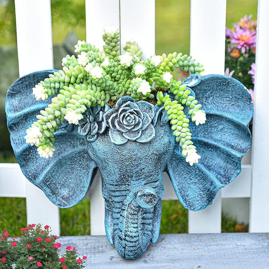Sungmor Resin Elephant Head Wall Pot, Unique Bohemian Style Animal Face Planter, Vertical Hanging Plant Pot, Pretty Decorative Flower Pot for Indoor Outdoor Plants, for Gardening Lovers