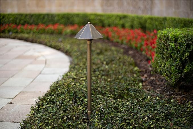 VOLT Parasol 12V Brass Path Light (25" Tall, 7" Shade) with 3W 2700K Warm White G4 LED Bulb for Low Voltage Landscape Lighting on Outdoor Pathway, Walkway, Garden, Driveway or Patio