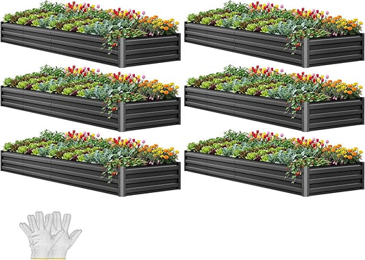 YITAHOME 6pcs 12x4x1 ft Galvanized Raised Garden Bed Kit, Large Metal Planter Box with Gloves, Safety Rubber & Support Rod, Outdoor Flower Bed for Plants Vegetables, Black