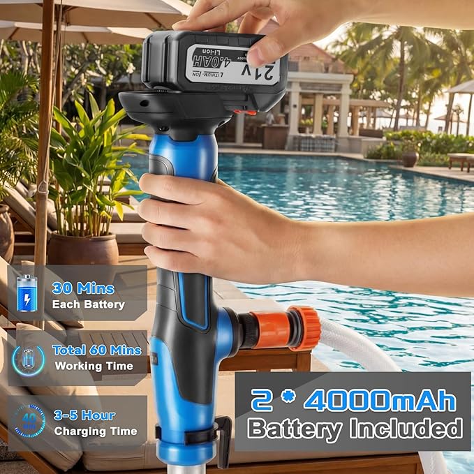Cordless Stick Water Transfer Pump, with 2×4000mAh Batteries&Charger, 3/4" Outlet 78.7'' Hose, 770GPH 21V Handheld Water Transfer Pump for Pool/Garden/Pond/Boat/RV/Rain Barrels/Outdoor Draining