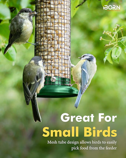 iBorn Metal Peanut Bird Feeder for Outdoors - 14" Peanut & Sunflower Seed Feeder, Hanging Metal Mesh Mixed Seed Bird Feeder with Easy-Clean Design for Woodpeckers, Jays, Titmice,Green