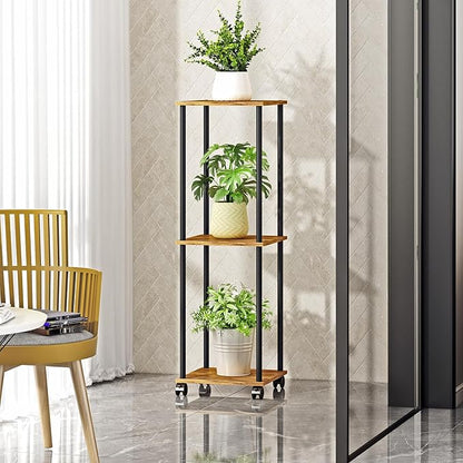 3 Tier Tall Plant Stand Indoor with Wheels, Movable Plant Shelf Metal Wood Multiple, Flower Pot Holder for Living Room Office Balcony Patio, Rustic Brown