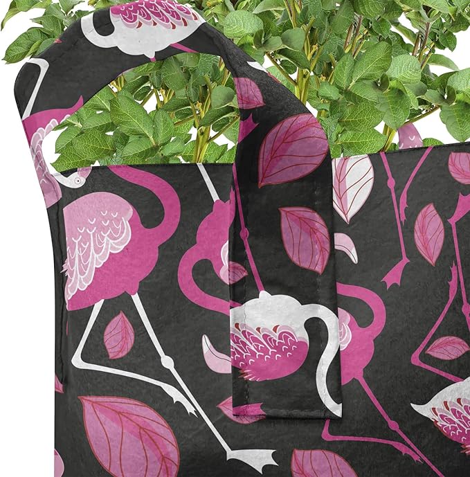 Ambesonne Tropical Grow Bags 5-Pack, Pinkish Exotic Flamingos, Heavyduty Fabric Pots with Handles for Plants, Black Pink