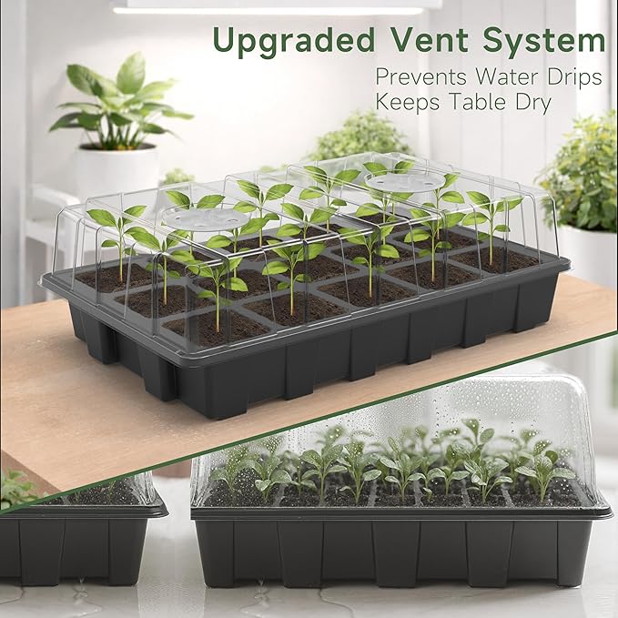 Gardzen 10-Pack Seed Starter Kits, Reusable Plant Germination Trays with Total 150-Cell, Seed Starter Tray with Humidity Vented Domes and Bases for Starting Vegetable Flower Herb Seeds 15" x 9"