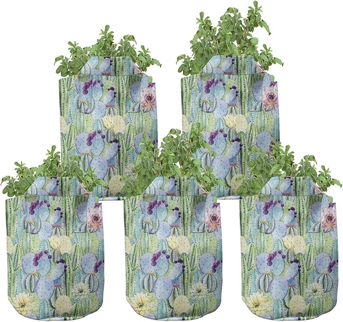 Ambesonne Plant Grow Bags 5-Pack, Cactus Buds Types Pattern, Heavyduty Fabric Pots with Handles for Plants, Green Blue