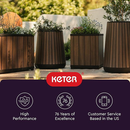 Keter Signature 21.6 Inch Tall Square Large Wood Look Planter for Indoor or Outdoor Flower Pot Ideal for Patio Deck and Front Porch Decor, Rosewood