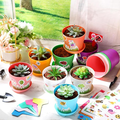 Domensi 12 Pack Garden Pot Craft Kit 4 Inch DIY Spring Crafts for Kids Bulk Plastic Flower Plant Pot Plastic Planter with Tray Drainage Holes with Tag, Certificate of Award, Sticker (Multicolor)