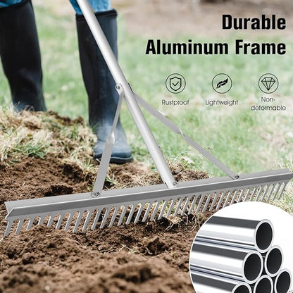 Goplus Landscape Rake 36 Inch, Aluminum Rake Head w/36 Tines and 68" Long Non-Slip Handle, Yard Rake Tool for Loosening & Leveling Soil, Beach Garden Lawn Care, Collecting Leaves