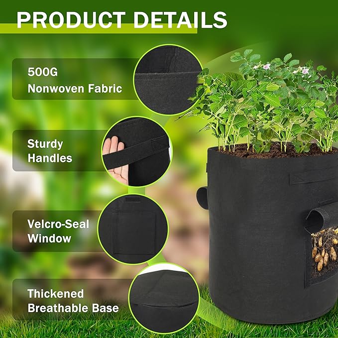 4-Pack 15-Gallon Grow Bags with 2 Flaps and Reinforced Handles,Non-Woven Potato Grow Bags, Heavy-Duty Thickened Aeration Fabric Pots for Potatoes, Tomatoes, Flowers, and Vegetables