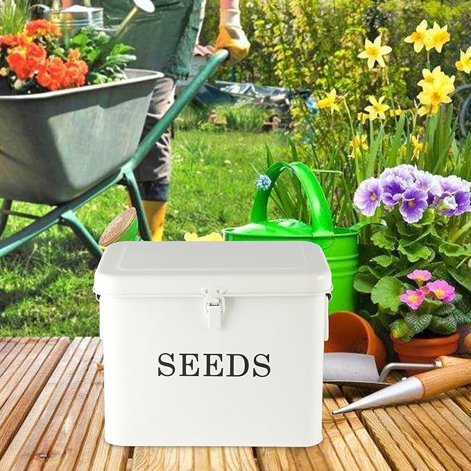Seed Storage Organizer, T-Shape Compartment Seed Box with Safety Lock, Metal Seed Saving Box, Portable Seed Bin Container with Handle, Including 2 Pens 20 Plant Labels 50 Seed Envelopes-White