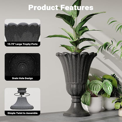 23" Tall Planters for Outdoor Plants Set of 2, Planter with Drainage Holes and Petal Design, Large Outdoor Planters for Porch, Garden, Indoor, Black
