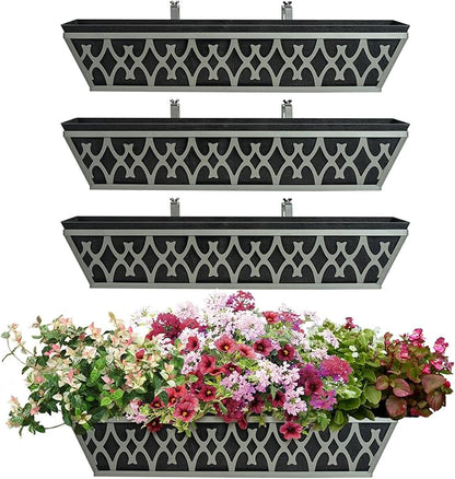 4 Pack 24 Inch Window Boxes Planters Railing Planter Box with Adjustable Brackets & Non-Woven Fabric Plant Grow Bags Deck Railing Planter Boxes Balcony Hanging Flower Box for Outdoor Plants