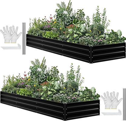 DWVO 2pcs 12 x 4 x 1 FT Raised Garden Bed Kit, Outdoor Galvanized Flower Bed with Safety Rubber and Gloves, Large Metal Planter Box for Vegetables, Flowers, Herbs, Fruits, Black
