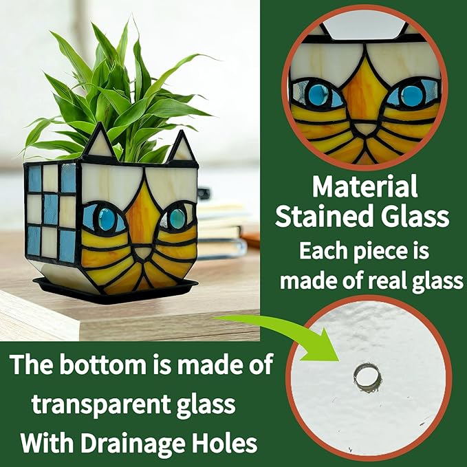 Tiffany Stained Glass Orange Cat Flower Pot,Handmade Cute Pots for Plants, Room and Office Decoration Glass Container Storage,Indoor Plant Pots with Drainage,Plant Gifts 4.6x3x5.15 in