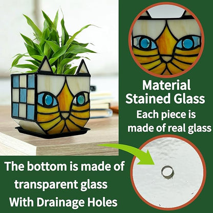 Tiffany Stained Glass Orange Cat Flower Pot,Handmade Cute Pots for Plants, Room and Office Decoration Glass Container Storage,Indoor Plant Pots with Drainage,Plant Gifts 4.6x3x5.15 in
