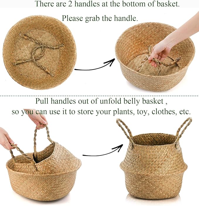 Yesland 2 Pack Woven Seagrass Plant Basket with Handles, Ideal Wicker Baskets Storage Plant Pot Baskets for Laundry, Picnic, Plant Pot Cover, Beach Bag and Grocery Basket (L)