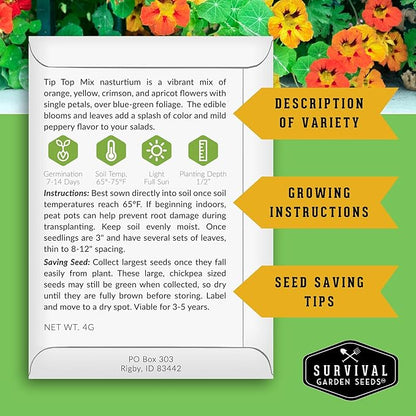 Nasturtium Seeds for Planting Outdoors – Tip Top Mix Heirloom Variety of Edible Flowers & Companion Plants, Non-GMO Seeds for Home Gardens - Survival Garden Seeds (1 Pack)