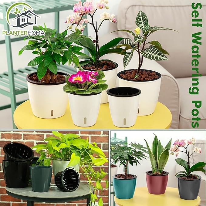 Planterhoma 5/6.7 Inch Self Watering Pots for Indoor Plants, 8 Packs Self Watering Planters for Orchid, Spider Plant, Devil's Ivy & African Violet, Water Indicator & Black Wick Pots, Black