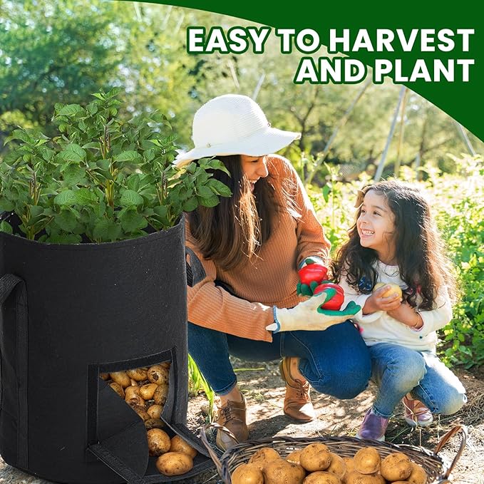 4 Pcs Upgraded Potato Grow Bags 10 Gallon with Harvest Window Visible Window Planting Bags Gardening Pots Thickened Nonwoven Planter for Growing Potato Tomato Vegetable (Black,Gray)