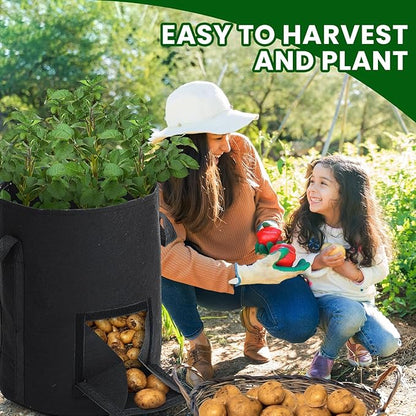 4 Pcs Upgraded Potato Grow Bags 10 Gallon with Harvest Window Visible Window Planting Bags Gardening Pots Thickened Nonwoven Planter for Growing Potato Tomato Vegetable (Black,Gray)
