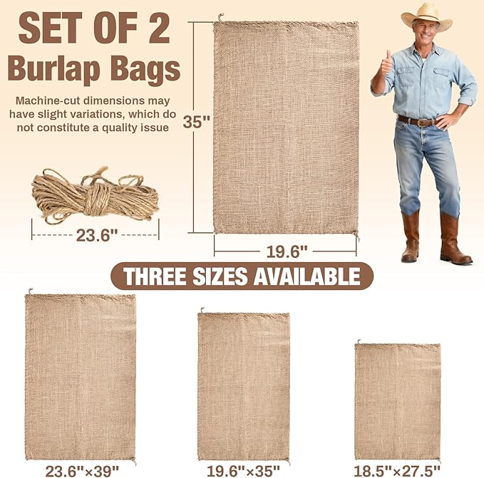 MAQIHAN 2 PCS Burlap Sack - 19.6" x 35" Burlap Bags for Plants High Density Natural Jute Bag of Potatoe Storage Plant Grow Bags with Rope Potato Sacks Race Bag Halloween,Christmas Decorations