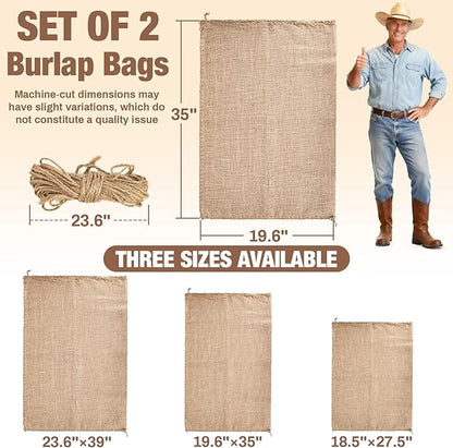 MAQIHAN 2 PCS Burlap Sack - 19.6" x 35" Burlap Bags for Plants High Density Natural Jute Bag of Potatoe Storage Plant Grow Bags with Rope Potato Sacks Race Bag Halloween,Christmas Decorations
