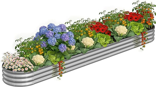 Galvanized Metal Raised Garden Bed Kit for Outdoor Planter Boxes with Easy Assembly,Oval Large Galvanized Gardening Raised Bed for Vegetables, Fruits, Flower (Silver, 12 * 2 * 1ft)