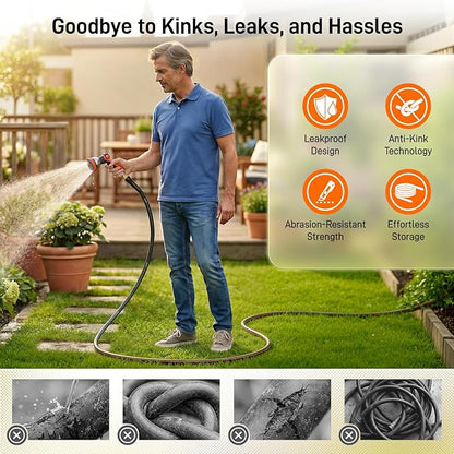 Garden Hose, 100ft 5/8" Heavy Duty Rubber Water Hose, 550 PSI Burst, 360° Anti-Kink Swivel Connectors, All-Weather Flexible, Leakproof 3/4" Brass Male to Female Fittings