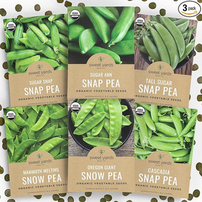 Organic Pea Lover Seeds Variety Pack - 6 Individual Packs - 2026 Season - Cascadia Snap Pea, Giant Snow, Sugar Ann Snap and More! For Indoor & Outdoor Planting (Non-GMO, Certified Organic)