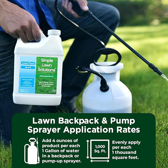 Advanced 16-4-8 Lawn Fertilizer - Liquid Lawn Food Spring & Summer Concentrated Spray - Any Grass Type- Fish and Seaweed Kelp- Balanced NPK - Simple Lawn Solutions (64 Ounce)