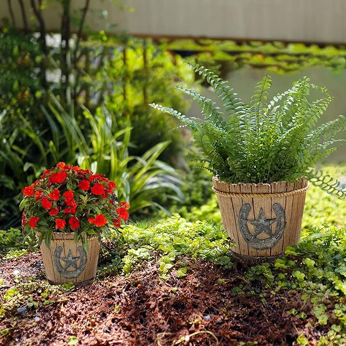 Western Cowboy Horseshoe Retro Plantpot Resin Flowerpots with Drainage Holes Garden Outdoor Home Decoration (Set of 2)