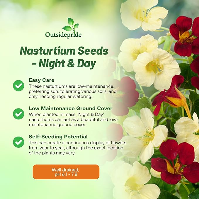 Outsidepride Single Night & Day Nasturtium Seeds - 200 Pcs Annual, Easy to Grow & Versatile, Flower Seeds for Planting Vibrant Blooms, Ideal for Gardens, Borders, and Pollinator Gardens