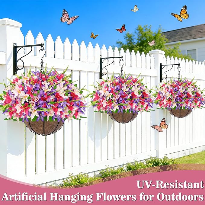 Faux Hanging Plants Flowers Basket Hyacinth & Boston Ferns for Outdoor Outside Spring Summer Decoration, UV Resistant Colorful Fake Silk Flower Hanging Planter for Porch Home Patio Balcony Yard Decor