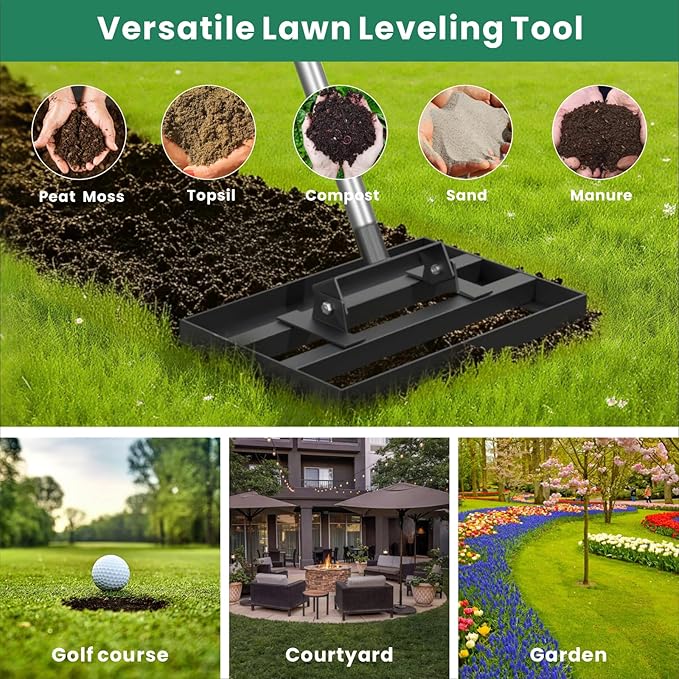 Lawn Leveling Rake 17" x 10" with 78" Adjustable Stainless Steel Handle - Heavy Duty Grass Leveling Tool, Leveling rake for Lawn Care, Yard Leveler