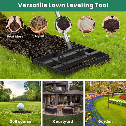 Lawn Leveling Rake 17" x 10" with 78" Adjustable Stainless Steel Handle - Heavy Duty Grass Leveling Tool, Leveling rake for Lawn Care, Yard Leveler