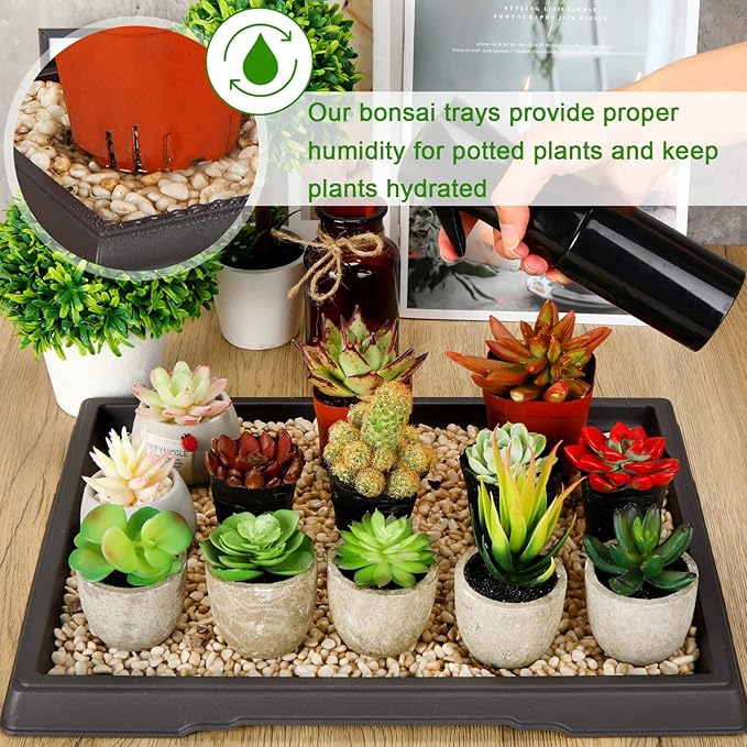 Pinkunn 2 Pcs Bonsai Humidity Tray Rectangular Drip Tray Plastic Plant Water Catcher Plant Saucers for Indoors and Outdoors Cactus,Succulents,Bonsai Tree,Stone Not Included (15.7 x 13 Inch)
