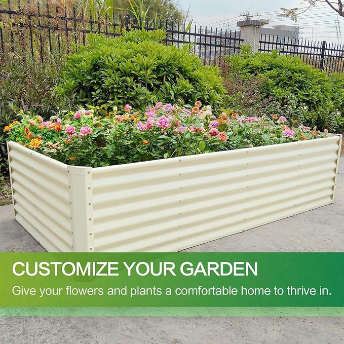 GARDMAX 8x4x2FT Galvanized Raised Garden Bed Kit, Metal Planter Boxes Outdoor with Easy Assembly, Large Garden Bed for Vegetables, Fruits, Flower, Herbs Rectangle Milk White