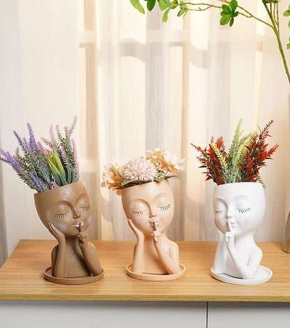 Face Planter Pot Head Planters, Lady Heads Flowerpot, Cute Girl Faces Plant Pot, Quiet Women Succulent Pots for Indoor Outdoor Plants, Modern Vase with Drainage