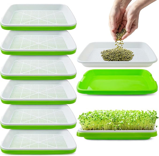 Pack 6 of Seed Sprouter Tray with Drain Holes,Seed Germination Tray Kit BPA Free Nursery,Soil-Free Wheatgrass Sprouter Microgreens Growing Kit (Green-6 Pack)