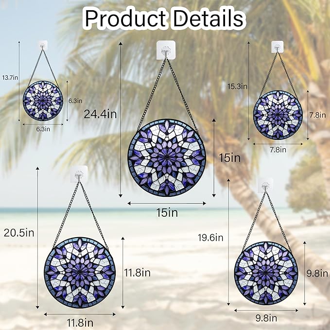 Stained Glass Window Hanging, Purple Blue Tiffany Style Flowers Sun Catcher for Window Door Home Decor Suncatcher Christmas Mother's Day Birthday Gifts for Women Men Mom Nana 6.3 in