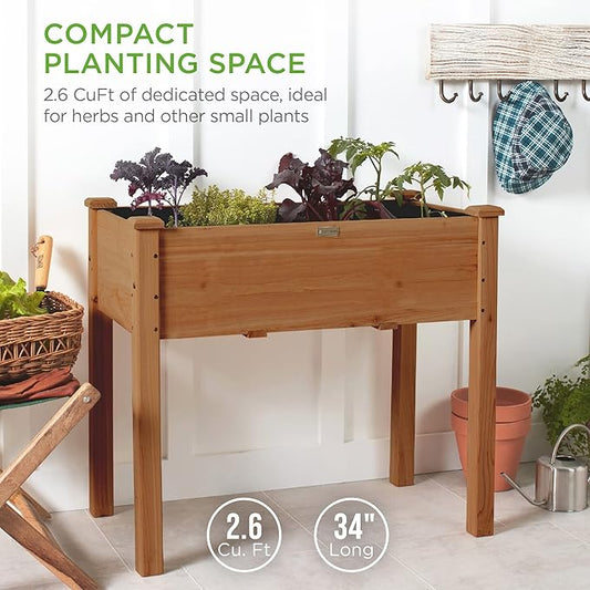 Best Choice Products 34x18x30in Raised Garden Bed, Elevated Wood Planter Box Stand for Kids, Backyard, Patio, Balcony w/Bed Liner, 150lb Capacity - Acorn Brown