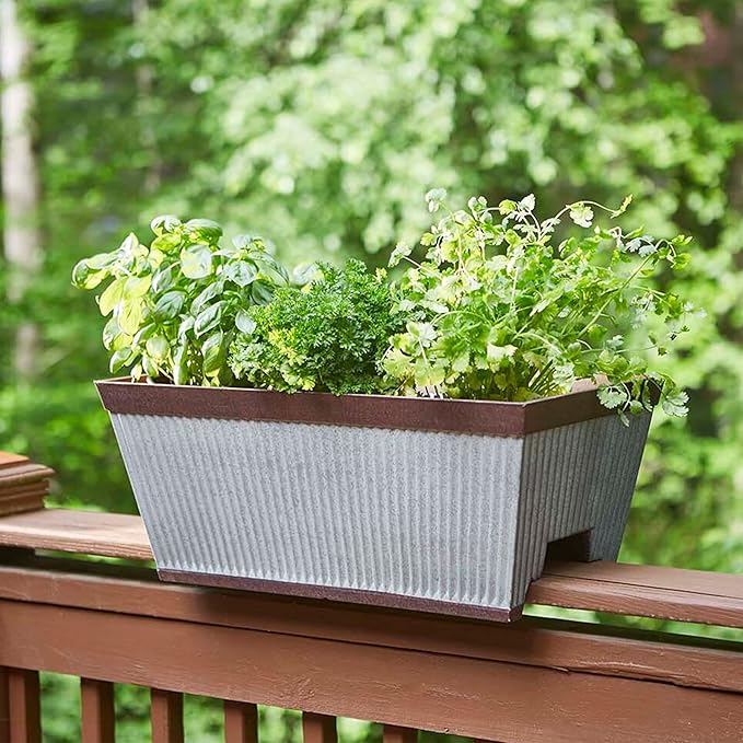 Southern Patio 24 Inch Westlake Outdoor Deck Rail Textured Resin Garden Flower Herb Planter w/UV Protectors, Rustic Galvanized (2 Pack)
