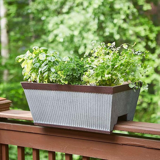 Southern Patio 24 Inch Westlake Outdoor Deck Rail Textured Resin Garden Flower Herb Planter w/UV Protectors, Rustic Galvanized (2 Pack)