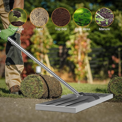 BBQ-PLUS 48" Lawn Leveling Rake, Lawn Leveler Tool with 52"-78" Adjustable Telescopic Handle, Effort-Saving Level Rake for Dirt, Soil, Grass, Golf Course, Farm & Garden, Heavy-Duty Stainless Steel