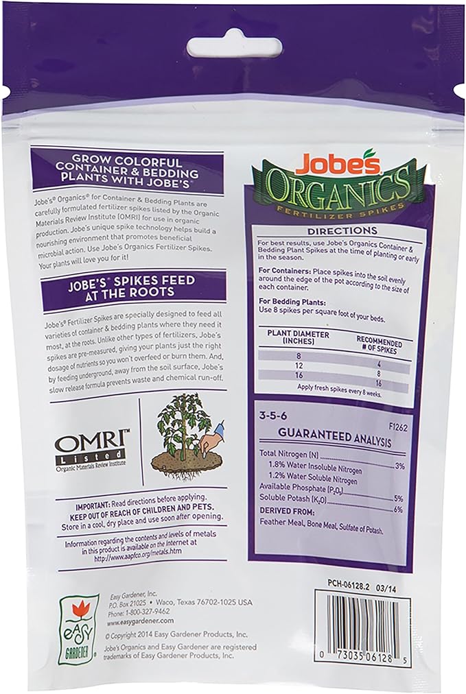 Jobe’s Organics Garden Fertilizer Spikes for Container and Potted Plants, Easy Plant Care for Houseplants and Garden Beds, 50 Count