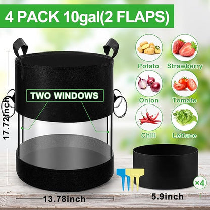 4 Pack 10 Gallon 360°Visible Potato Grow Bags,Heavy Duty Thickened Nonwoven Fabric Planter Bags with 2 Clear Harvest Windows&Removable Shading Cover,Reinforced Handles,Vegetable Grow Bags with Labels