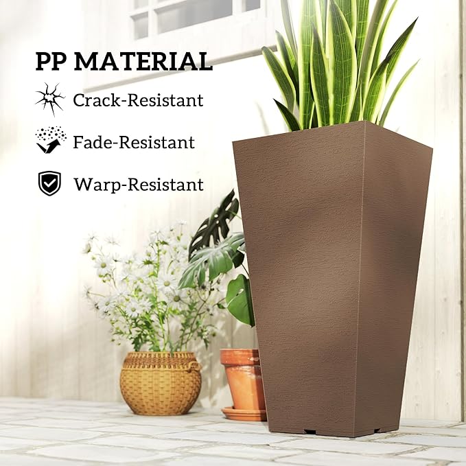 Outsunny 23 Inch Tall Planters for Outdoor Plants, Set of 2 Plastic Flower Pots, Weather and UV Resistant Stackable Tapered Large Planters for Front Door Patio Garden Use, Brown